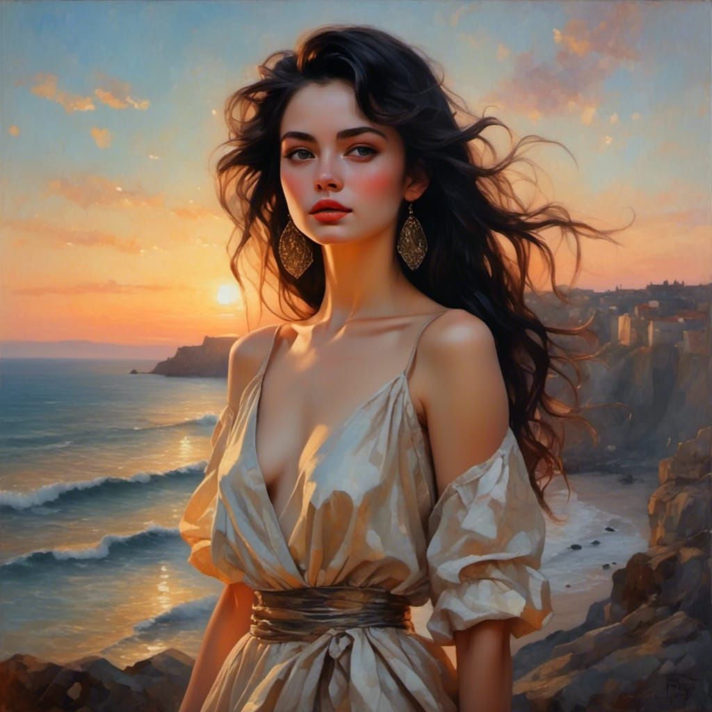 Sunset Silhouette: Young Woman with Black Hair