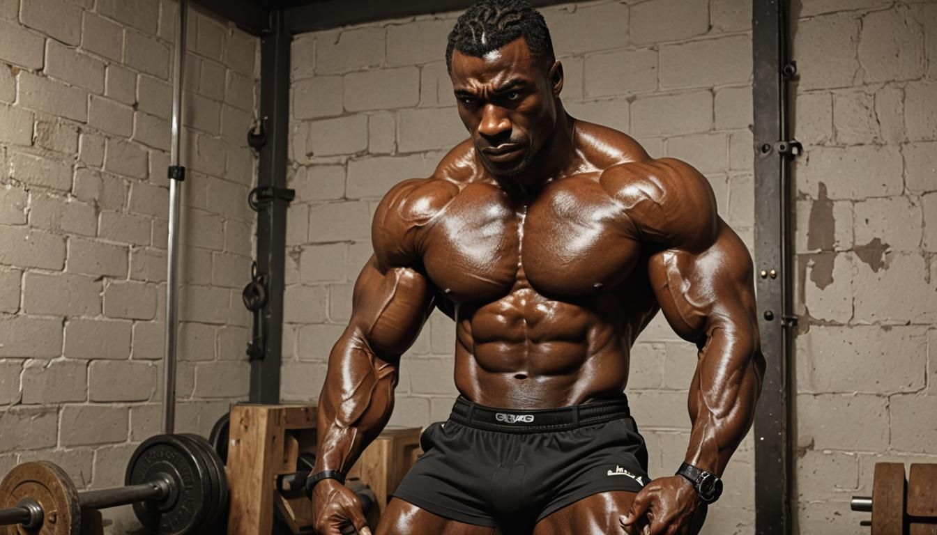 Muscular African Bodybuilder in Dramatic Lighting: Hyper-Rea...