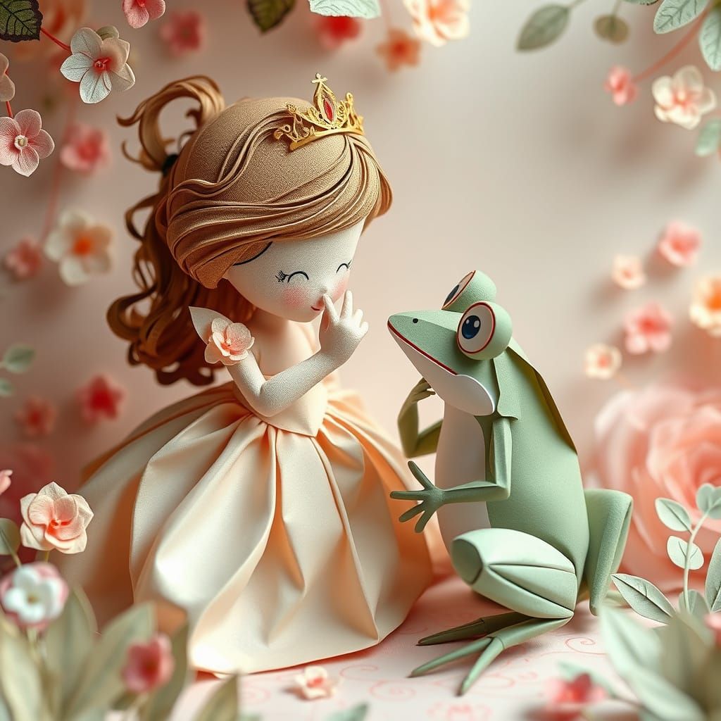 Princess Kisses Frog in Whimsical Papercraft Scene