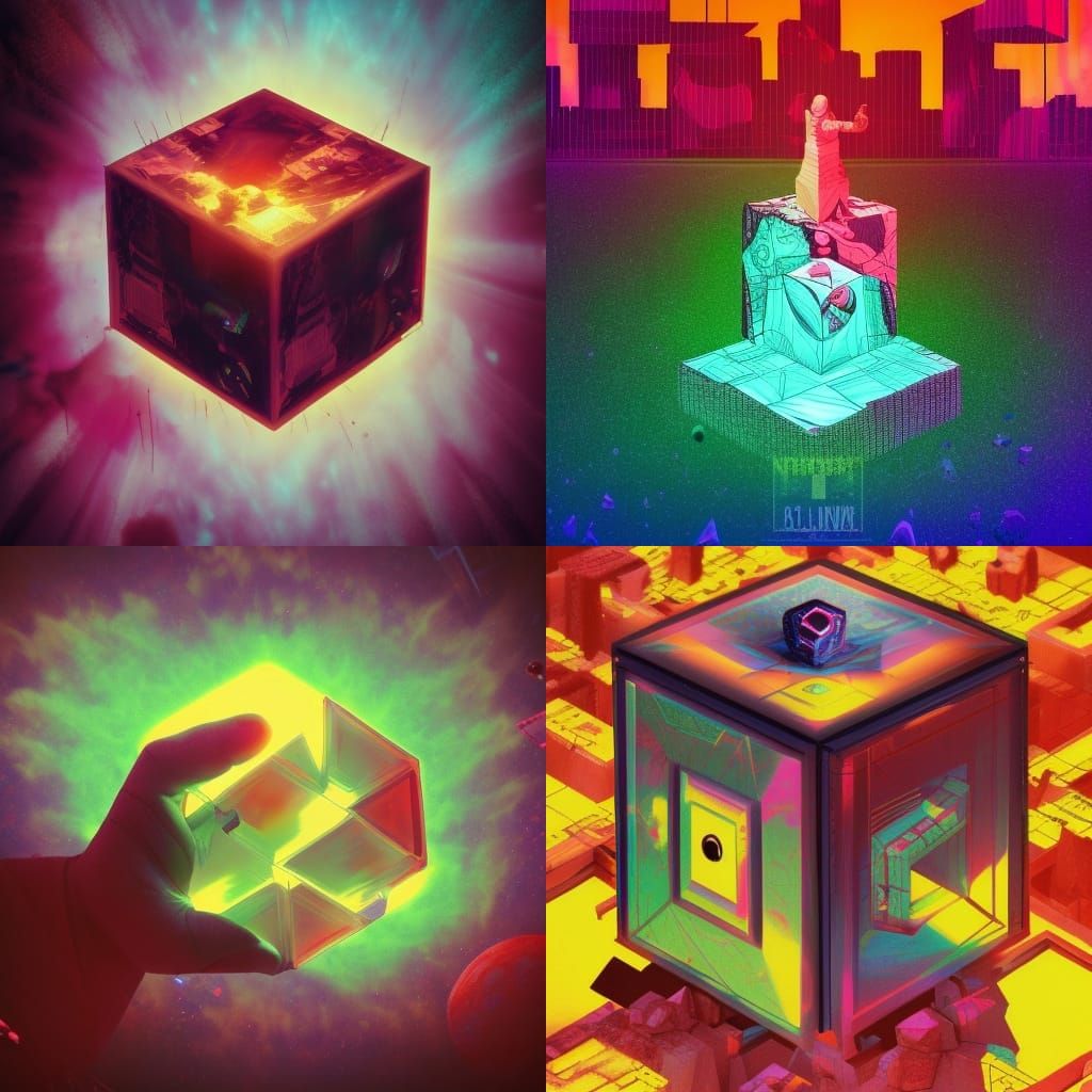 Eerie Cube Dripping Blood in Retro-Futuristic Style