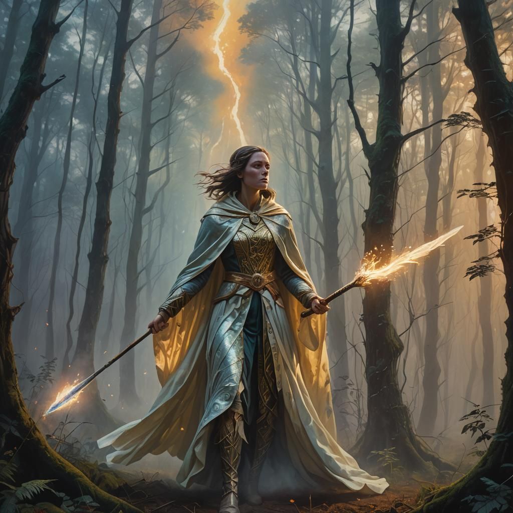 Mystic Woman With Ivory Javelin in Ominous Forest