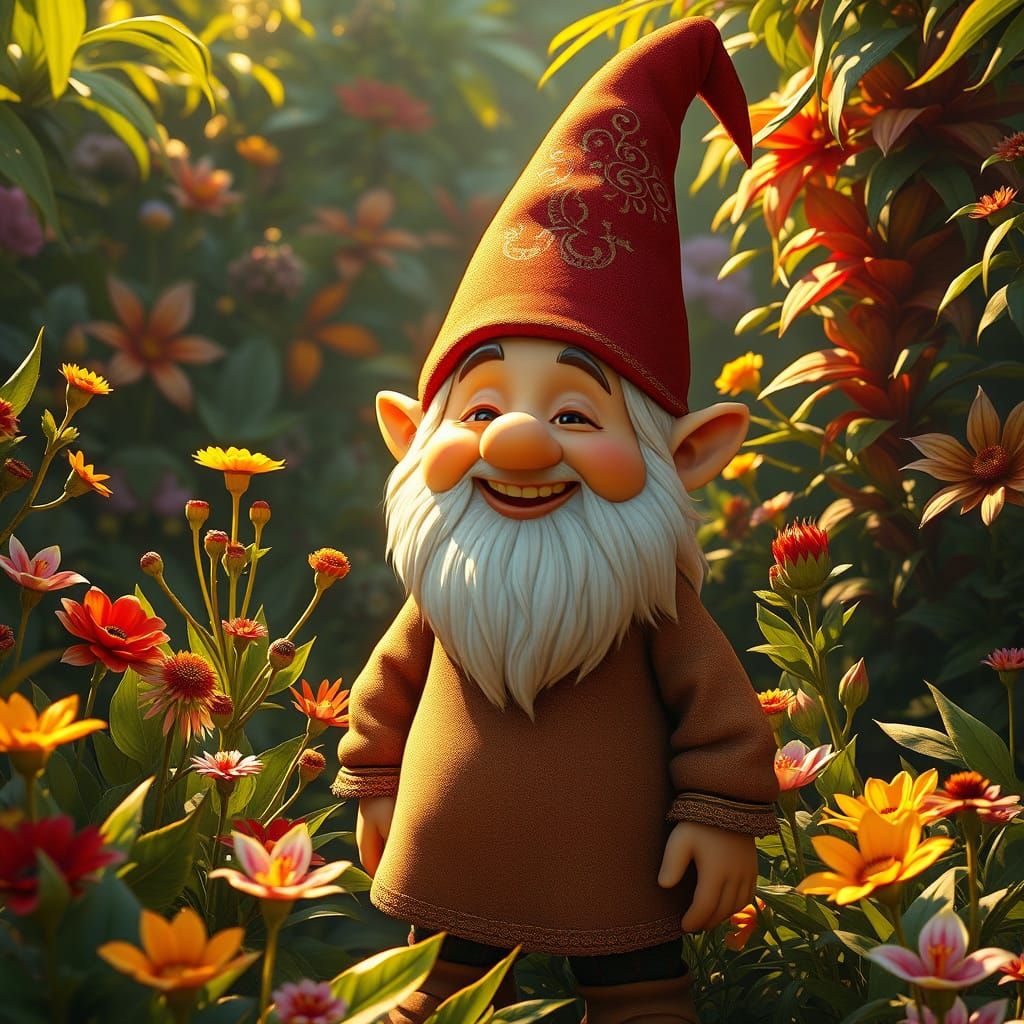 Whimsical Gnome Amidst Vibrant Garden