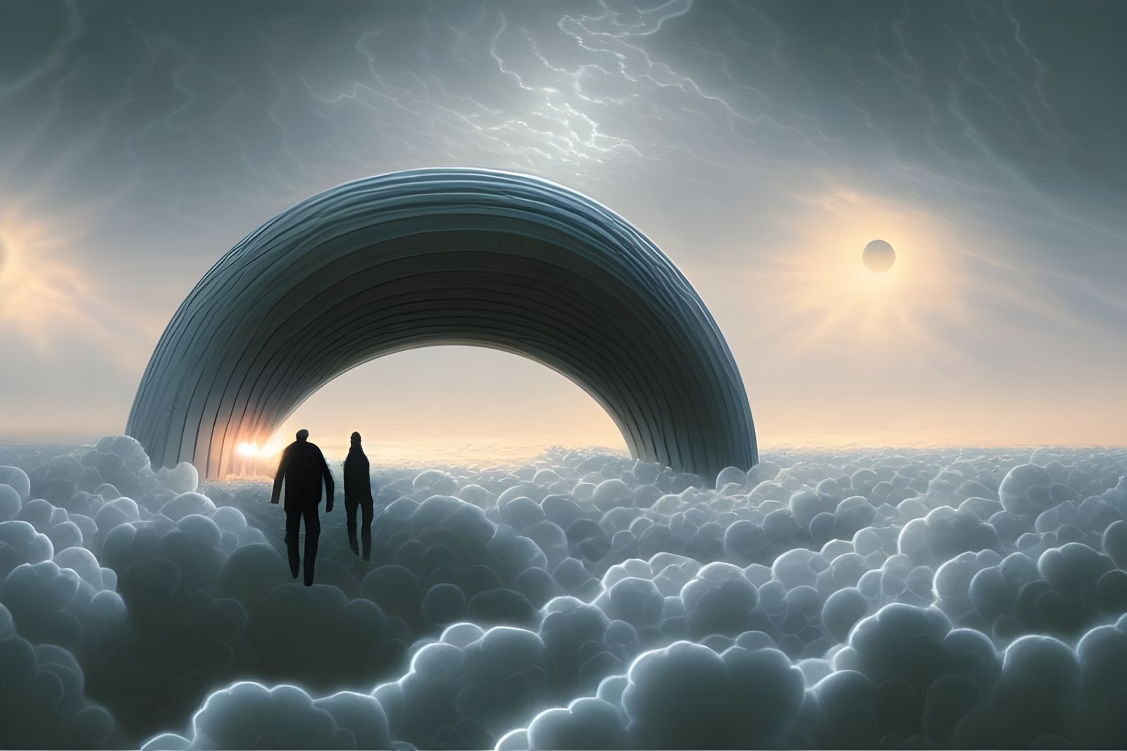 Surreal Cloud Walker on Metal Arch