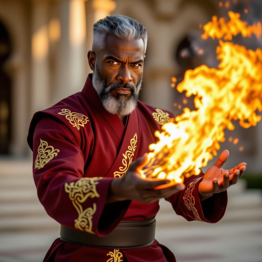 Elderly Black Man Firebends Outside Palace