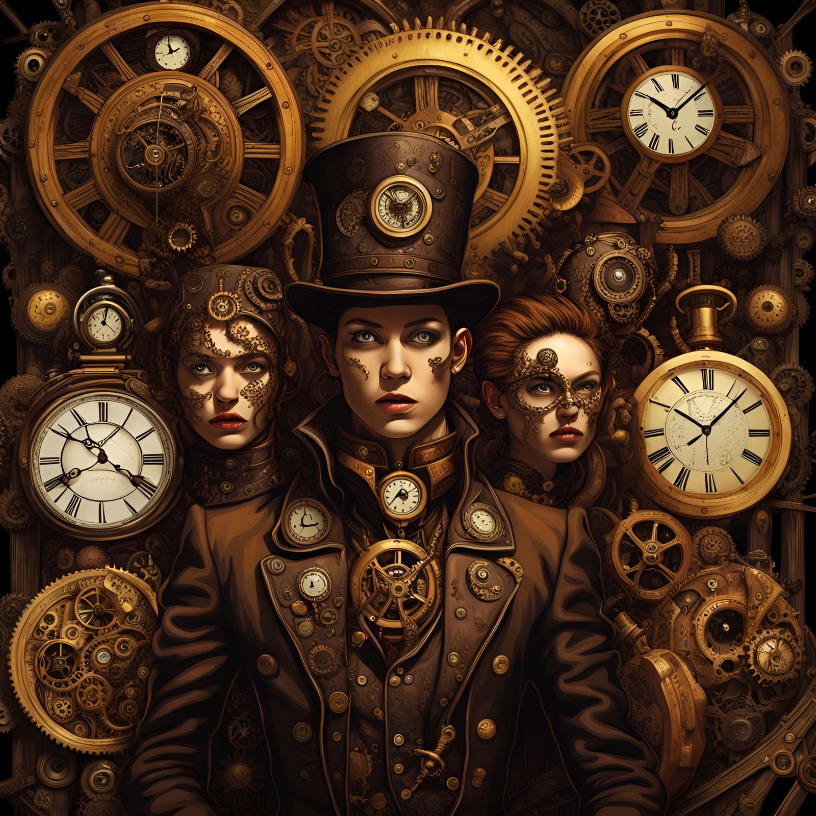 steampunk dark wood and gold, clock head, multiple models posing in line, steampunk mechanical