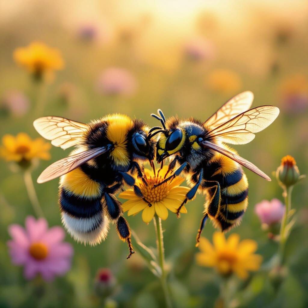 Fluffy Bumblebee and Sleek Wasp Cuddle in Wildflower Field