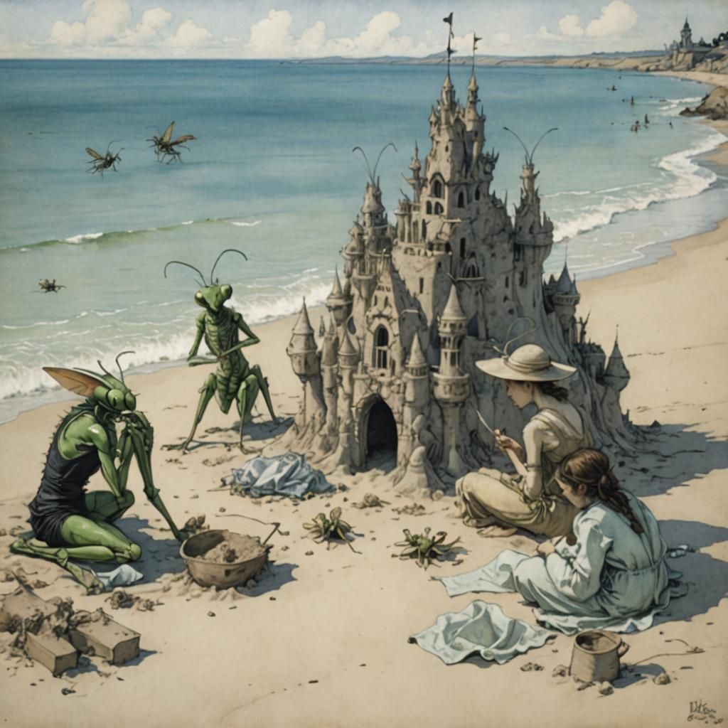 Praying Mantis Family's Beach Day in Rackham Style