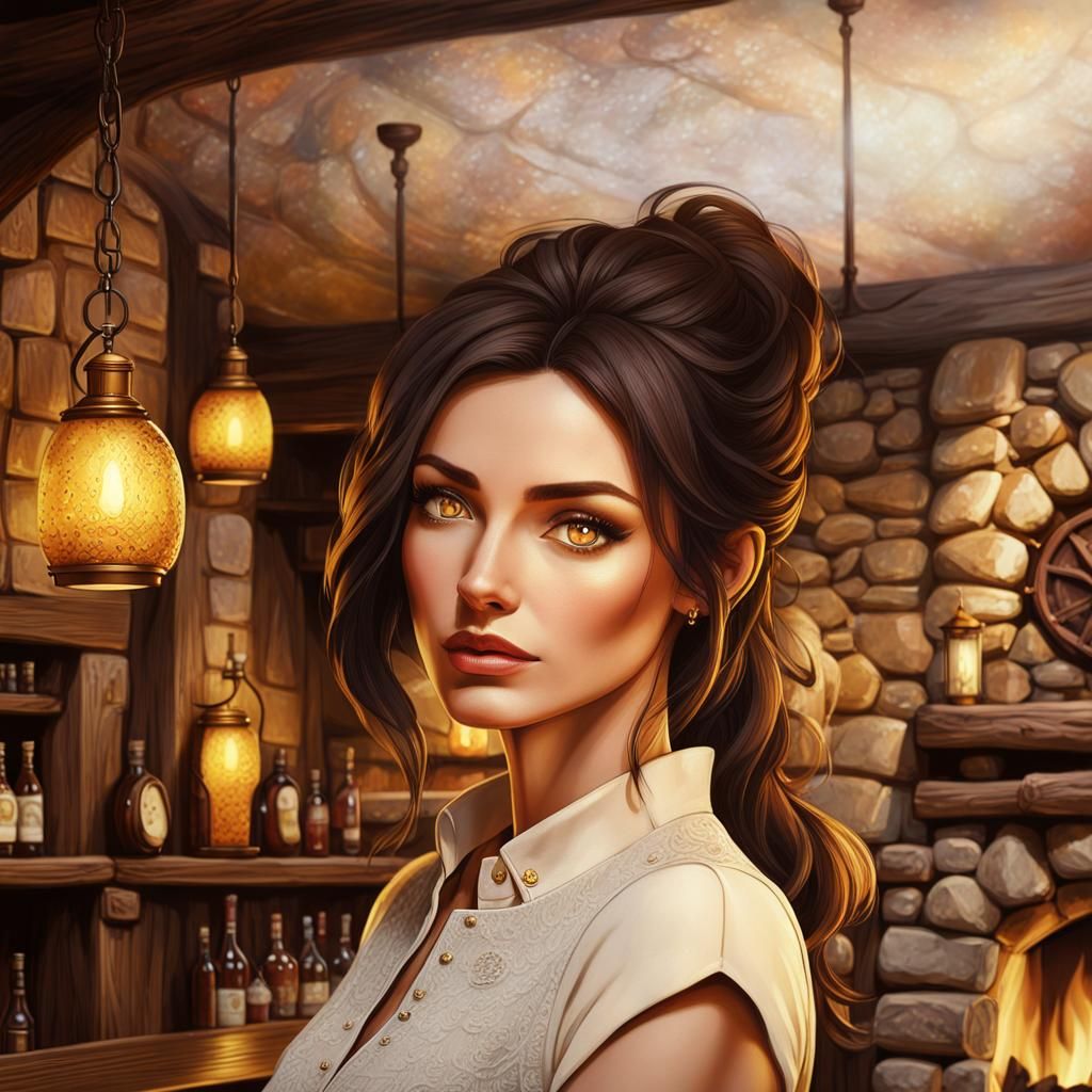 Cozy Tavern Interior with Woman: Fantasy Matte Painting