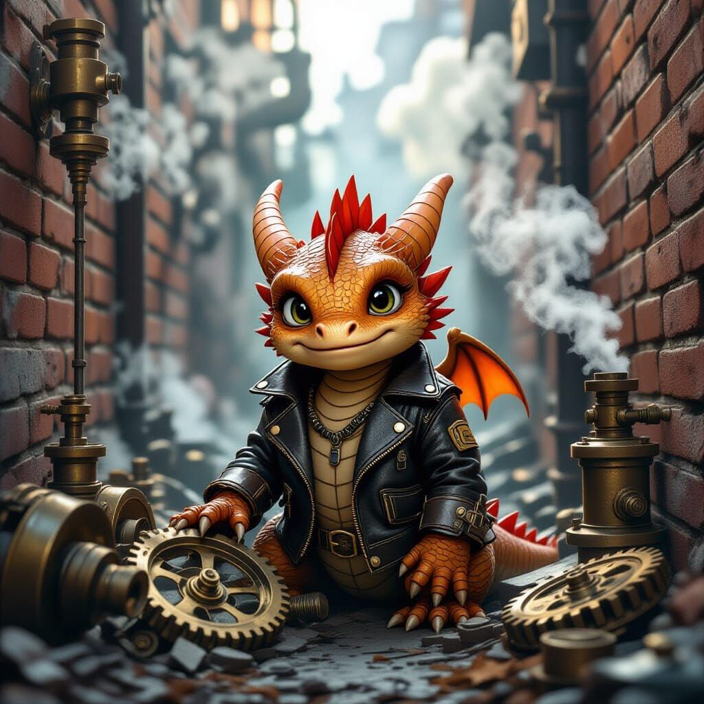 Baby Dragon in Steampunk Alleyway