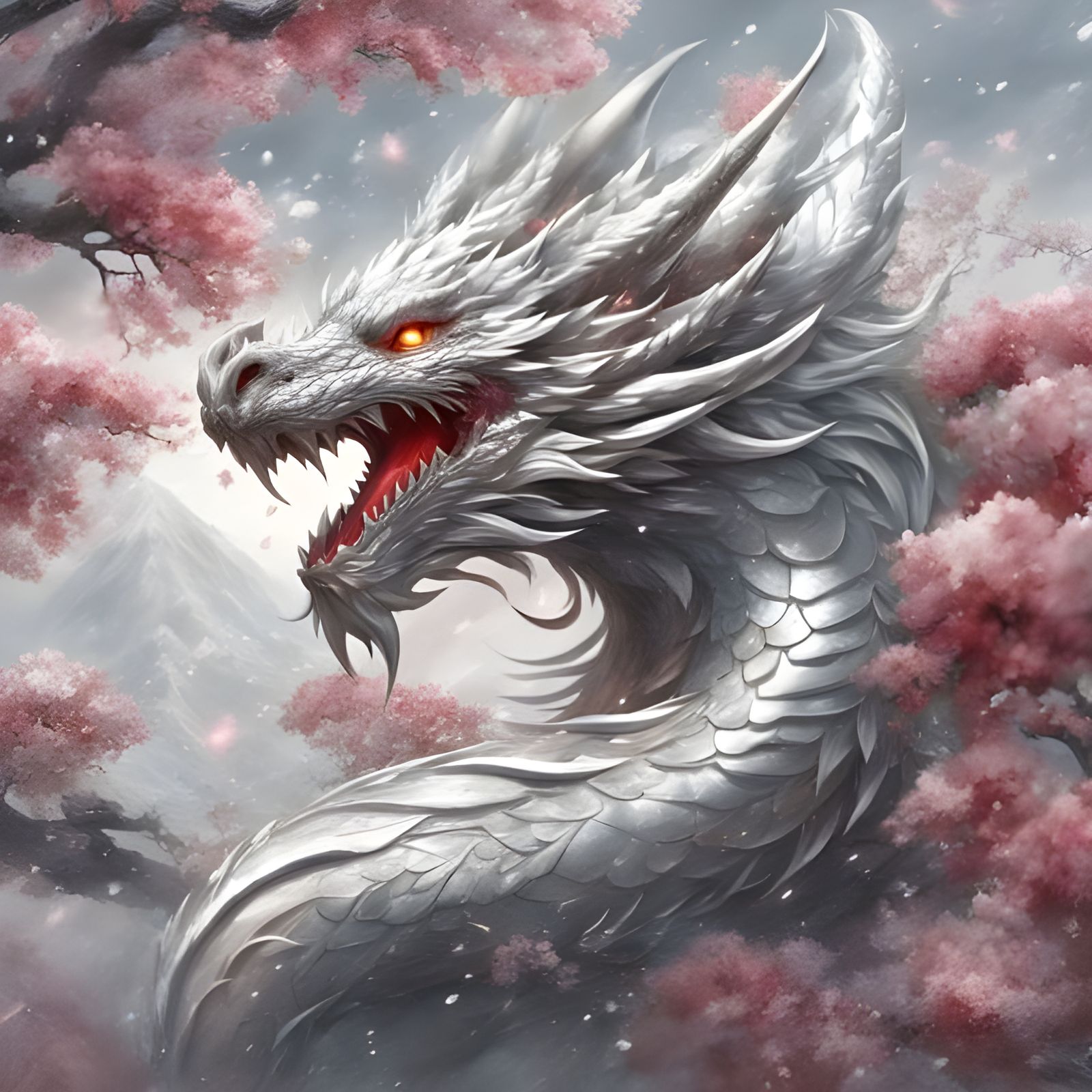 Silver Snow Dragon with Cherry Blossoms