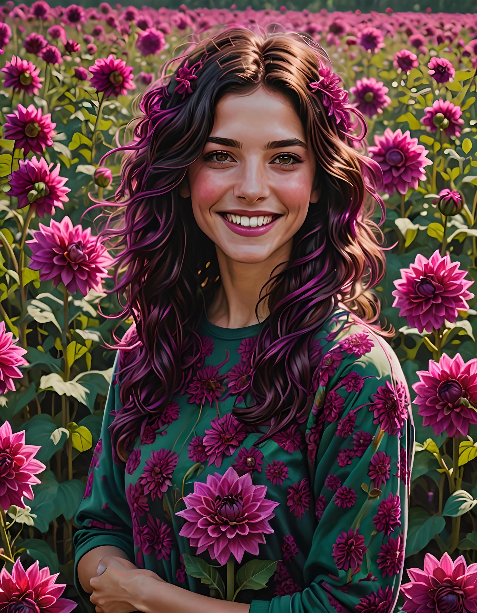 Brunette Woman in Magenta Dahlia Field: Hyperrealism