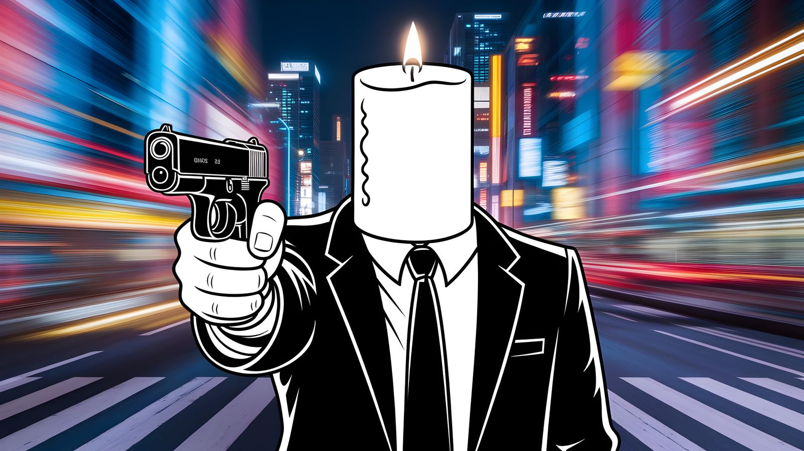 Gangster Candle Assassin in Neon Cityscape