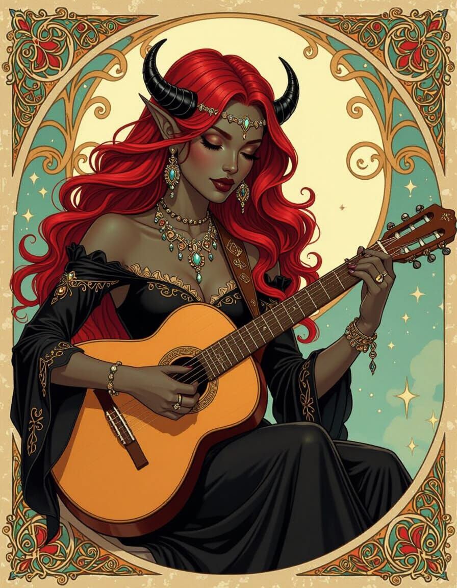 Tiefling Woman Playing Guitar in Whimsical Art Style