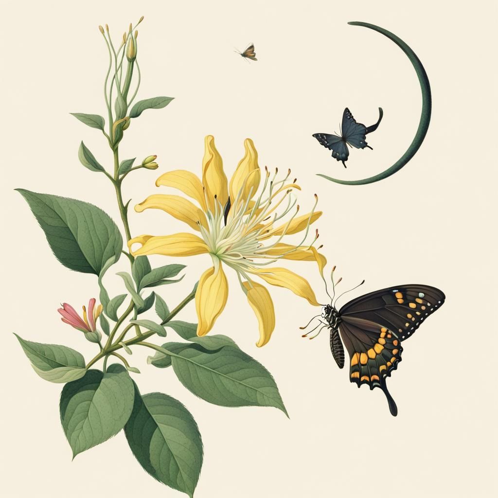 Honeysuckle Flower with Butterfly and Crescent Moon