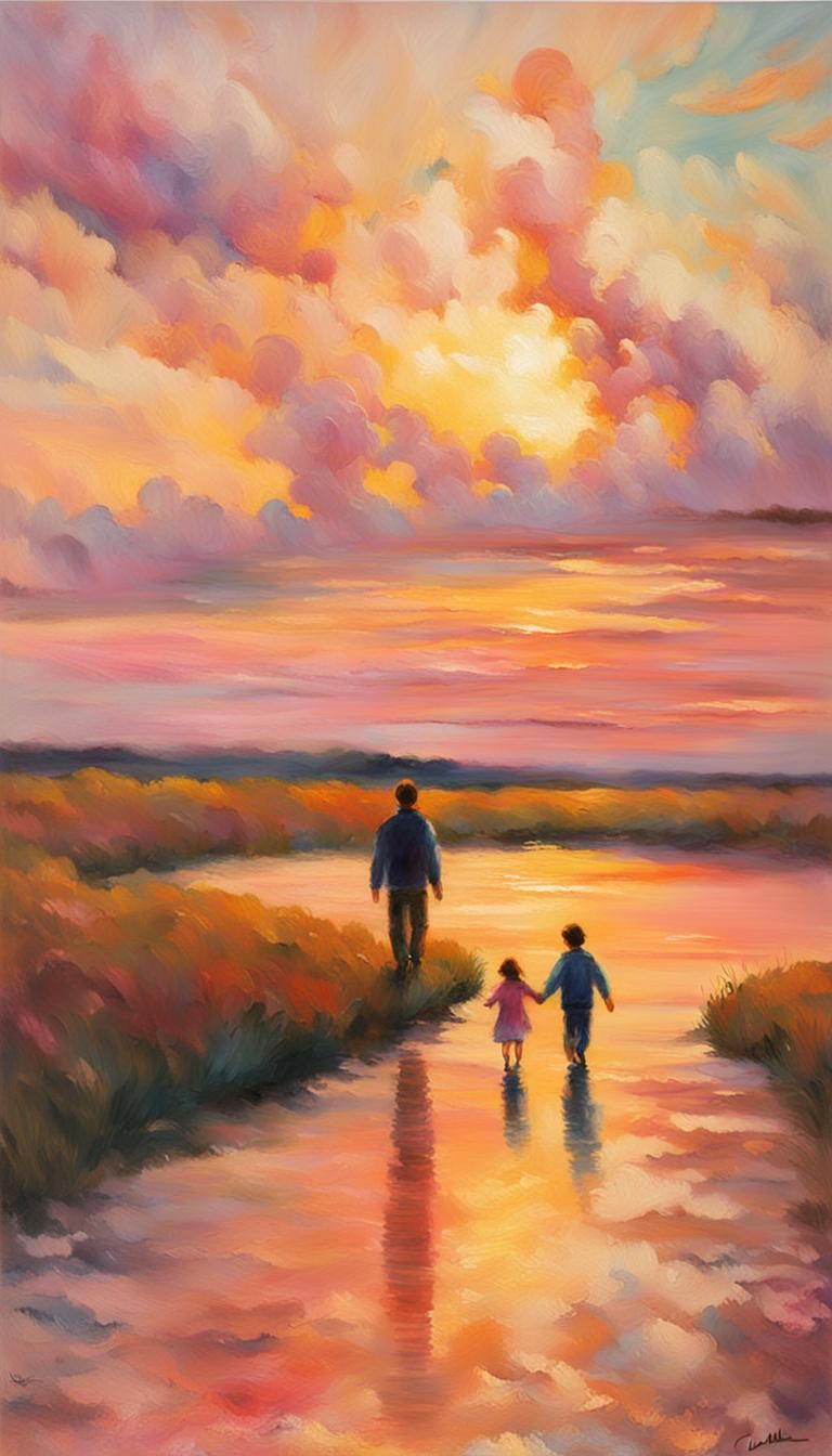 Man and Girl in Sunset, Impressionist Oil Painting
