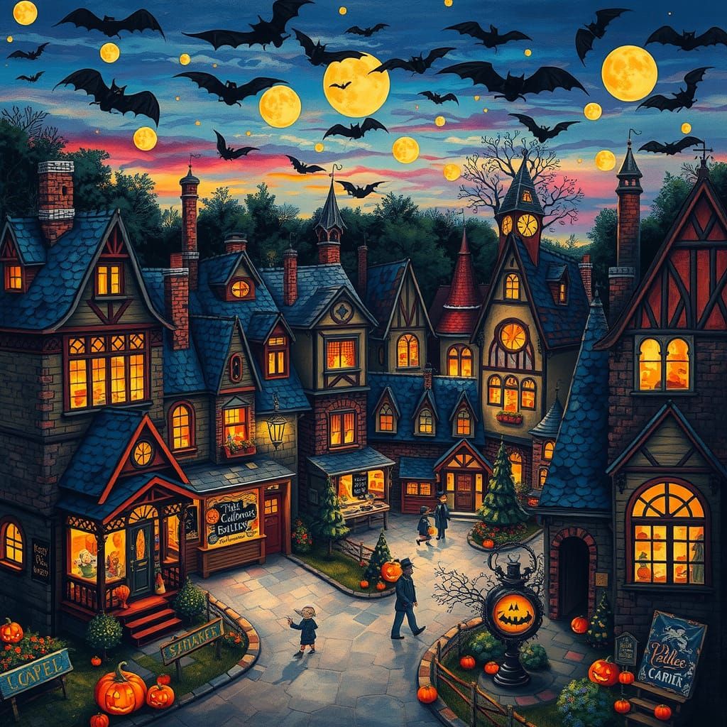 Halloween Village at Dusk in Epic Impressionist Style