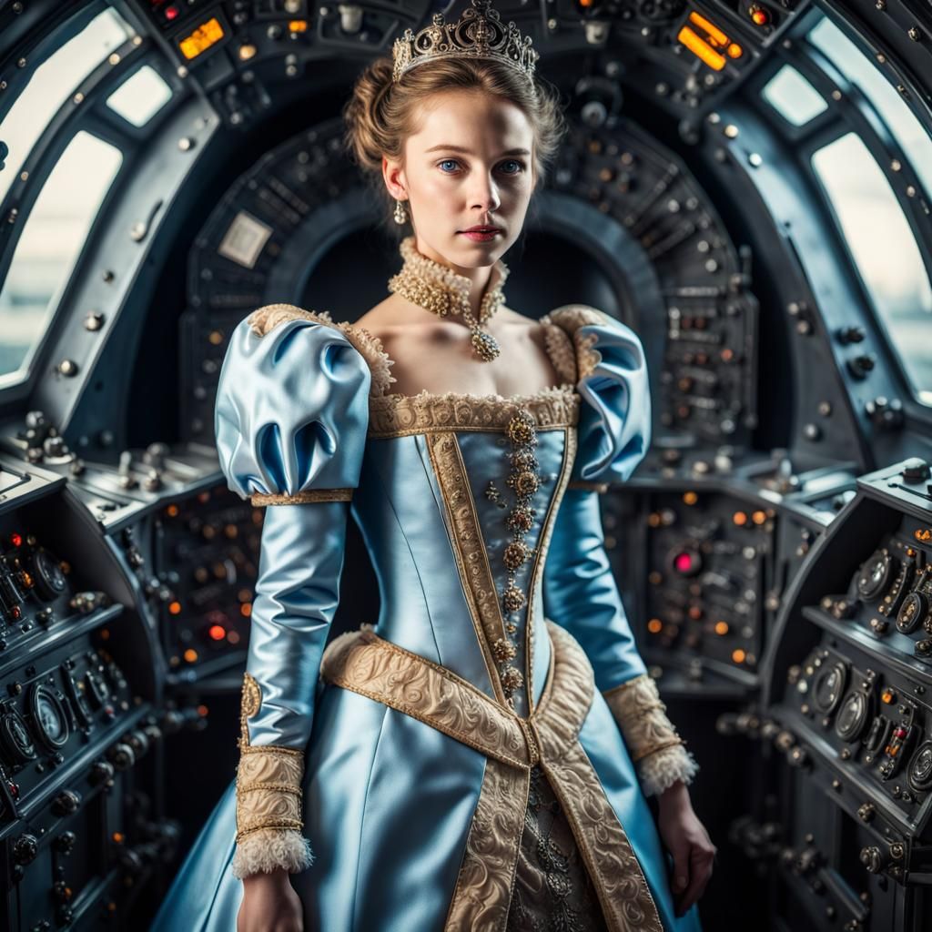 Princess in Elizabethan Gown in Spaceship Cockpit