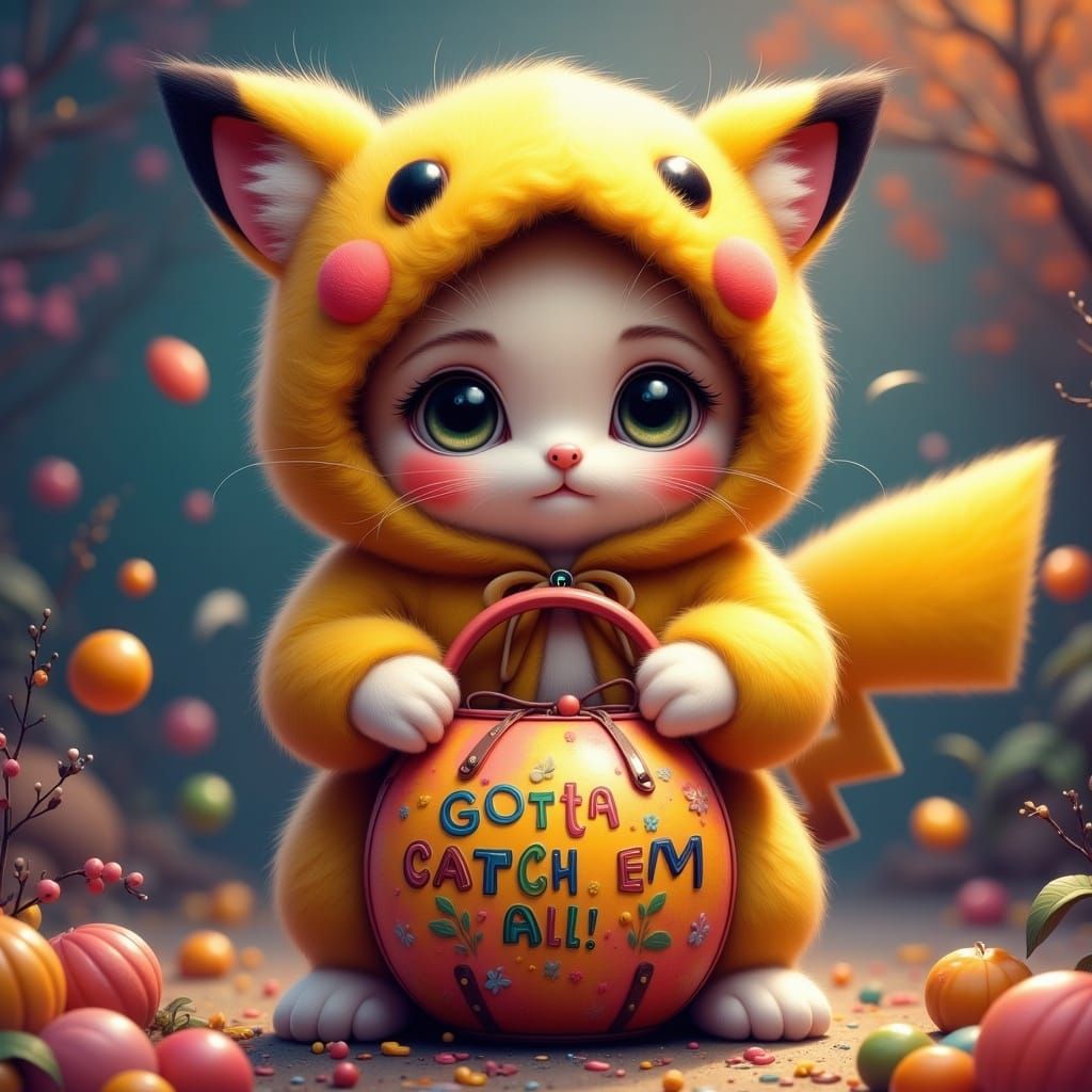 Kitten as Pikachu with Candy Bucket in Matte Painting Style