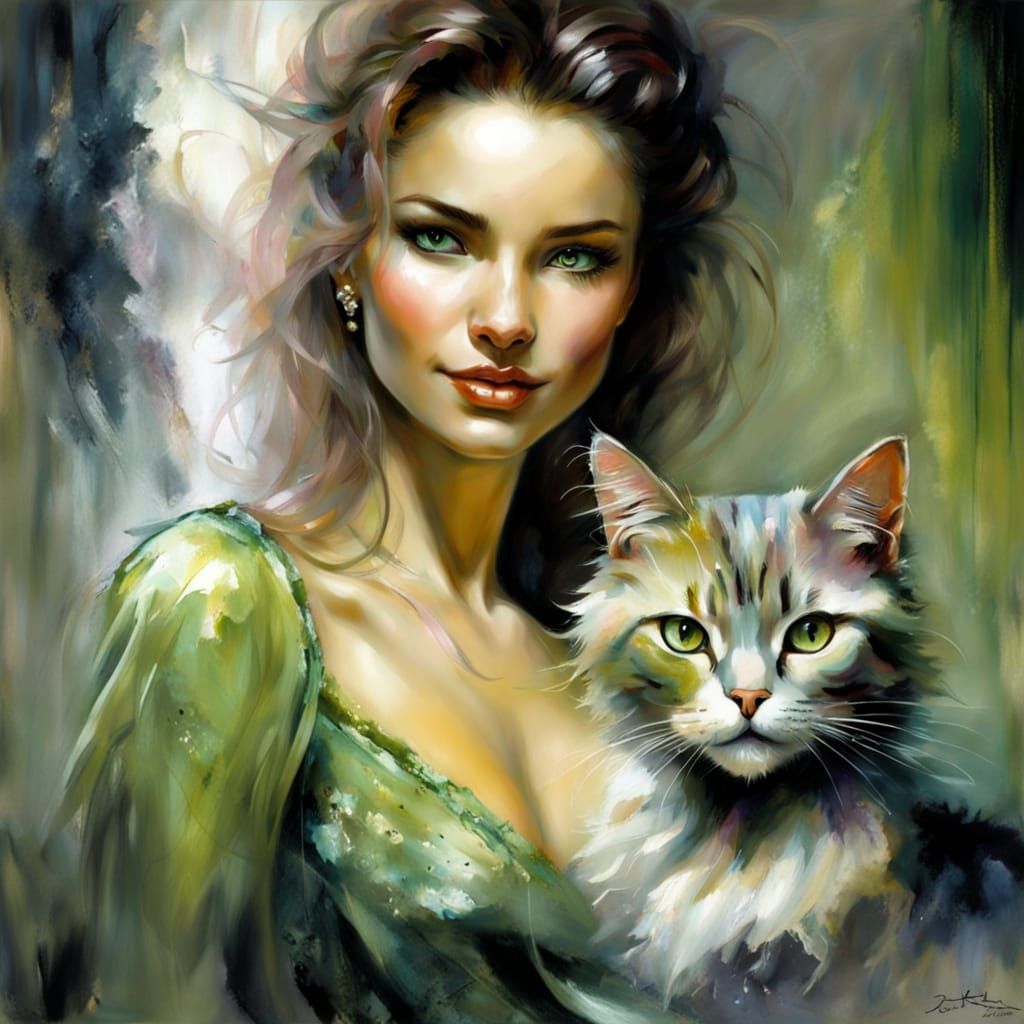 Ethereal Woman with Cat in Vibrant Graffiti Scene