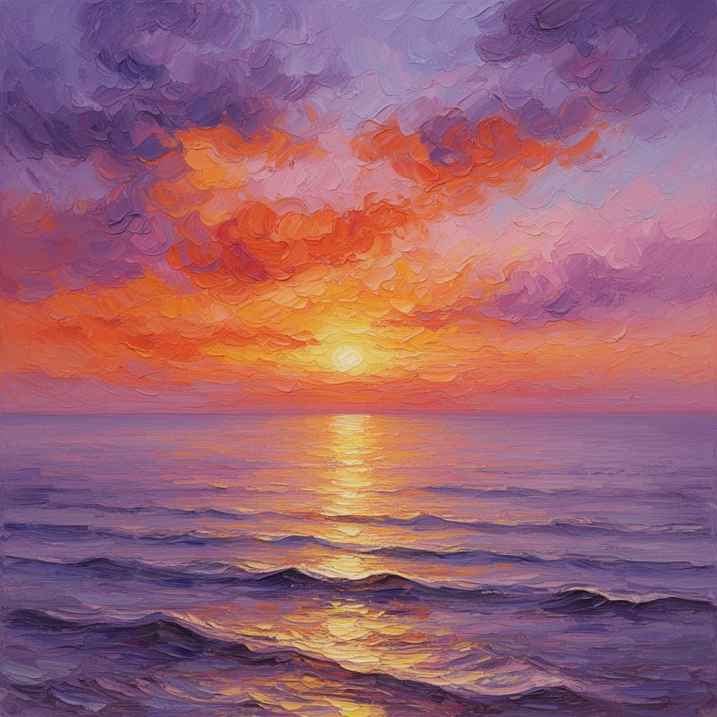 Vibrant Impasto Sunset Over Tranquil Ocean