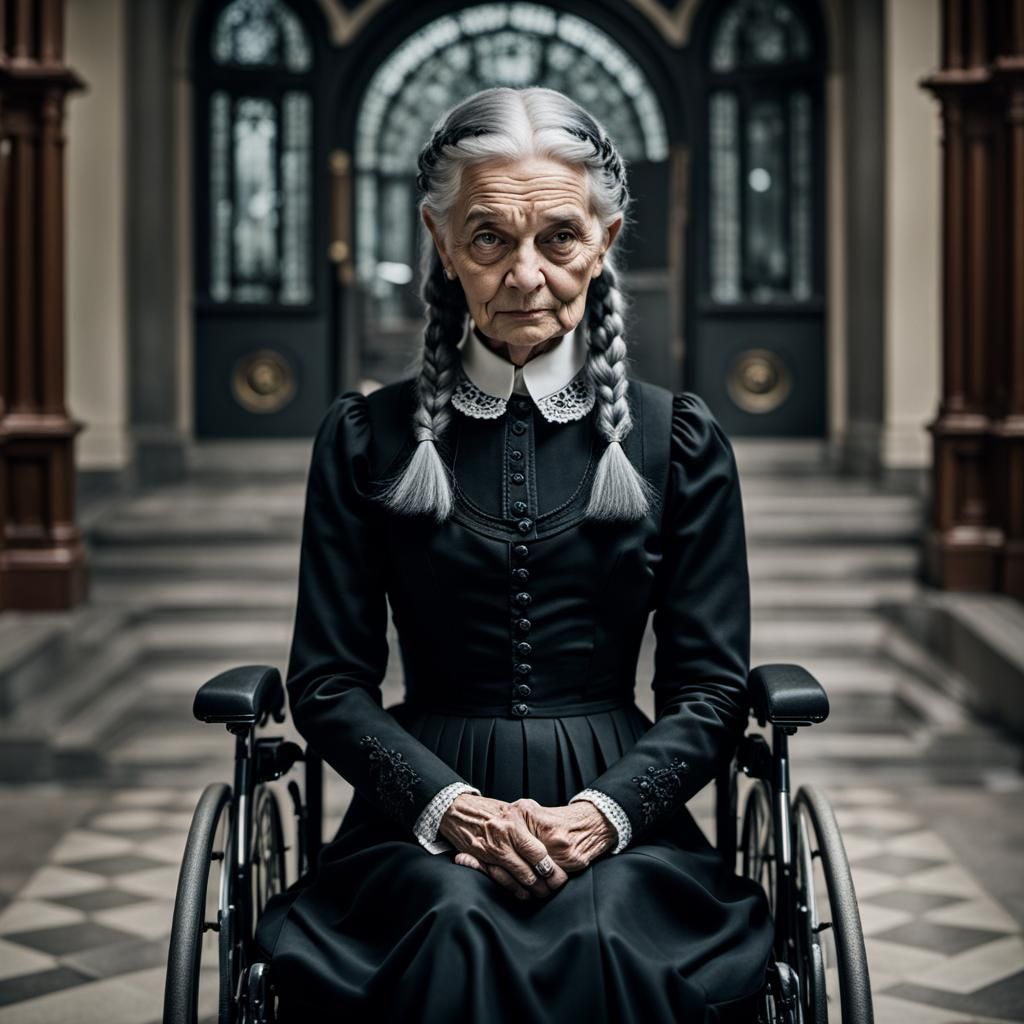 Elderly Wednesday Addams in Art Nouveau Library