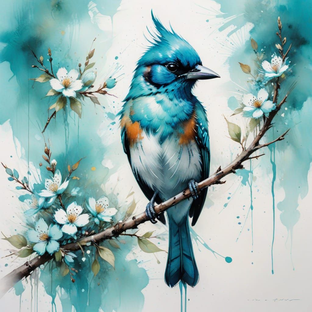 Turquoise Jay on Blossom Branch in Watercolour Style