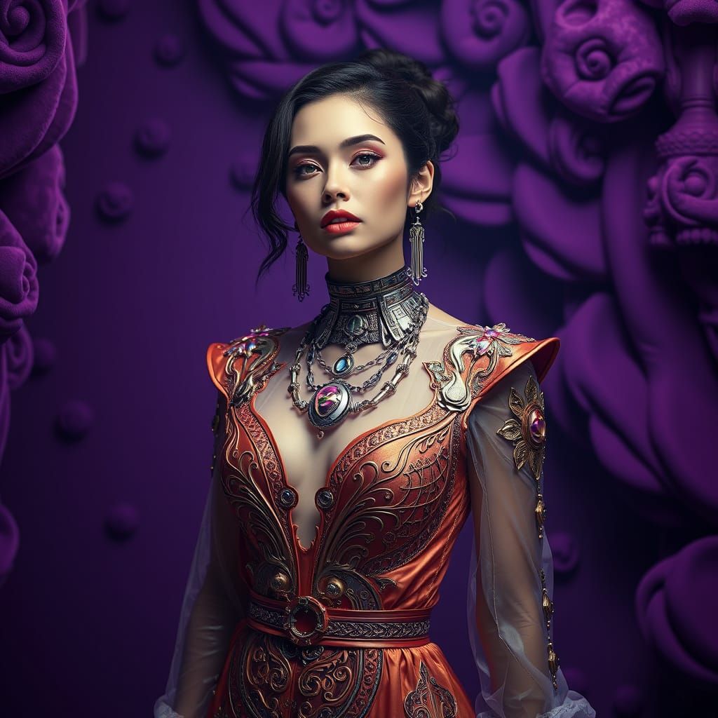 Elegant Woman in Futuristic Attire and Jewelry
