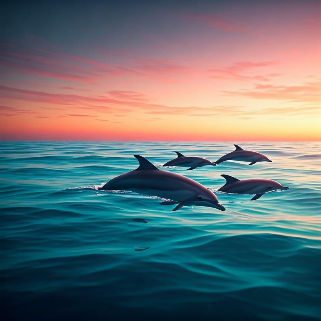Iridescent Dolphins at Sunset: Digital Matte Painting