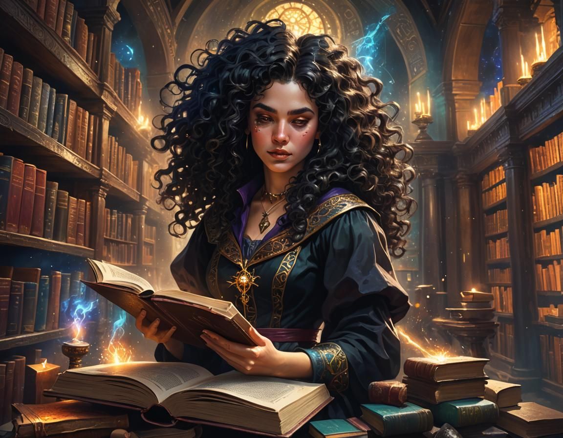 Mystical Witch Studying Magic in Ancient Library