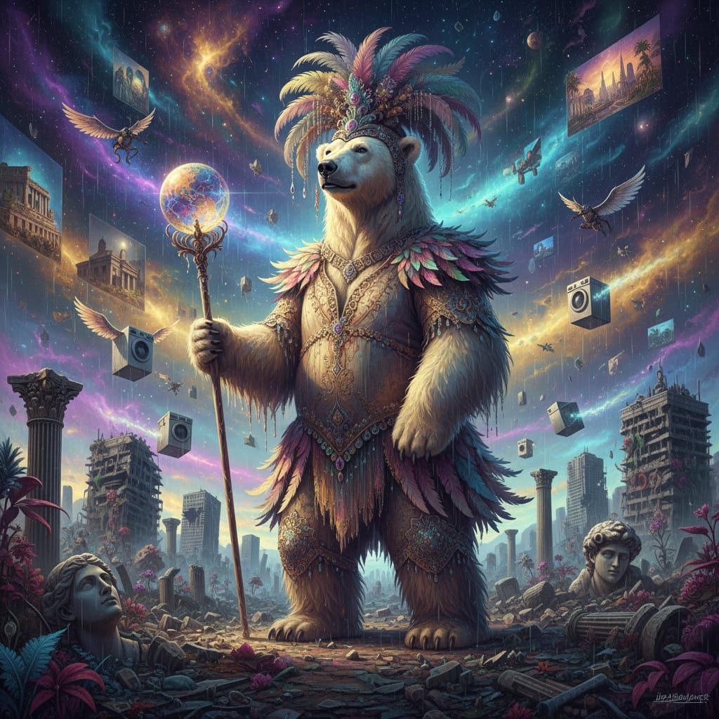 Polar Bear Showgirl in Post-Apocalyptic Cityscape