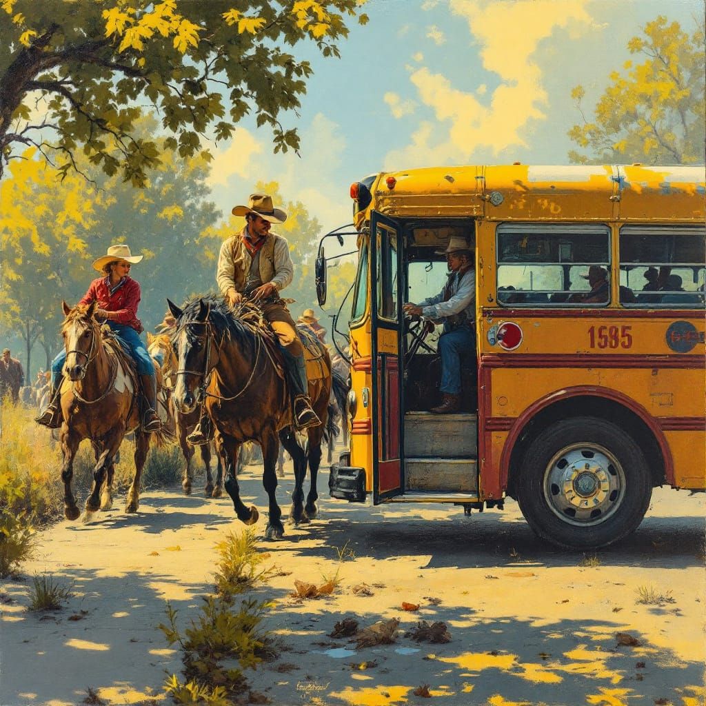 Colorful Cowboy on a Bus, Rockwell Style