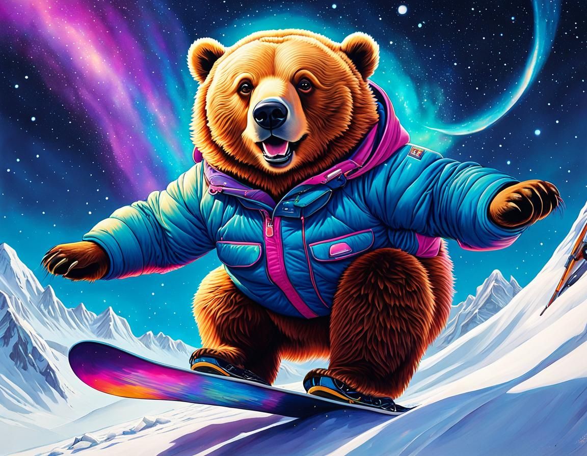 Chubby Bear Snowboarding in Gouache Style