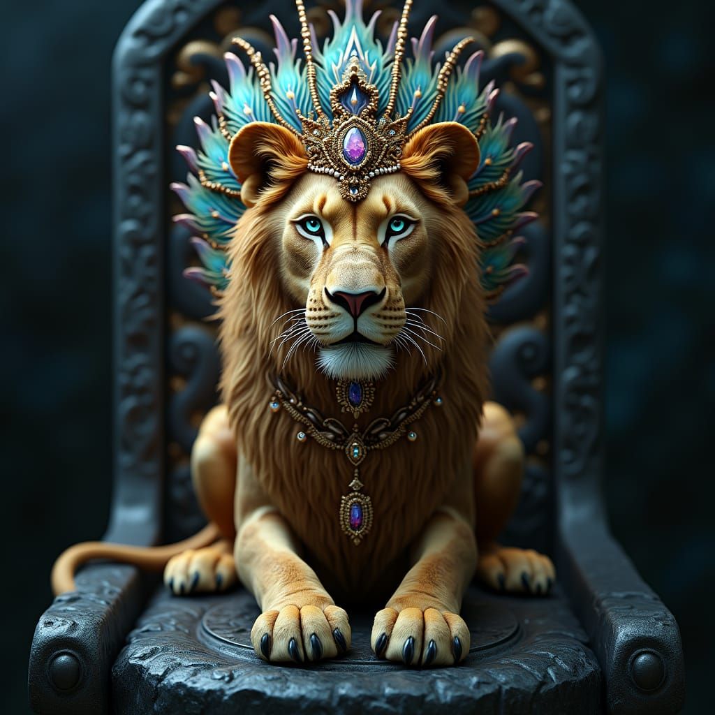 Majestic Lioness on Obsidian Throne in Art Nouveau Style