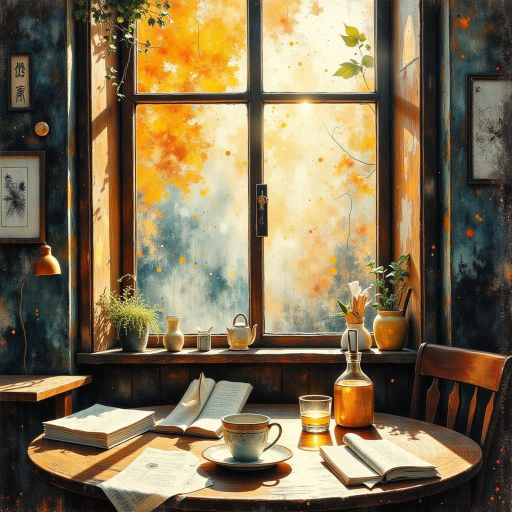 Cozy Cafe Window Light in Expressionist Mixed Media