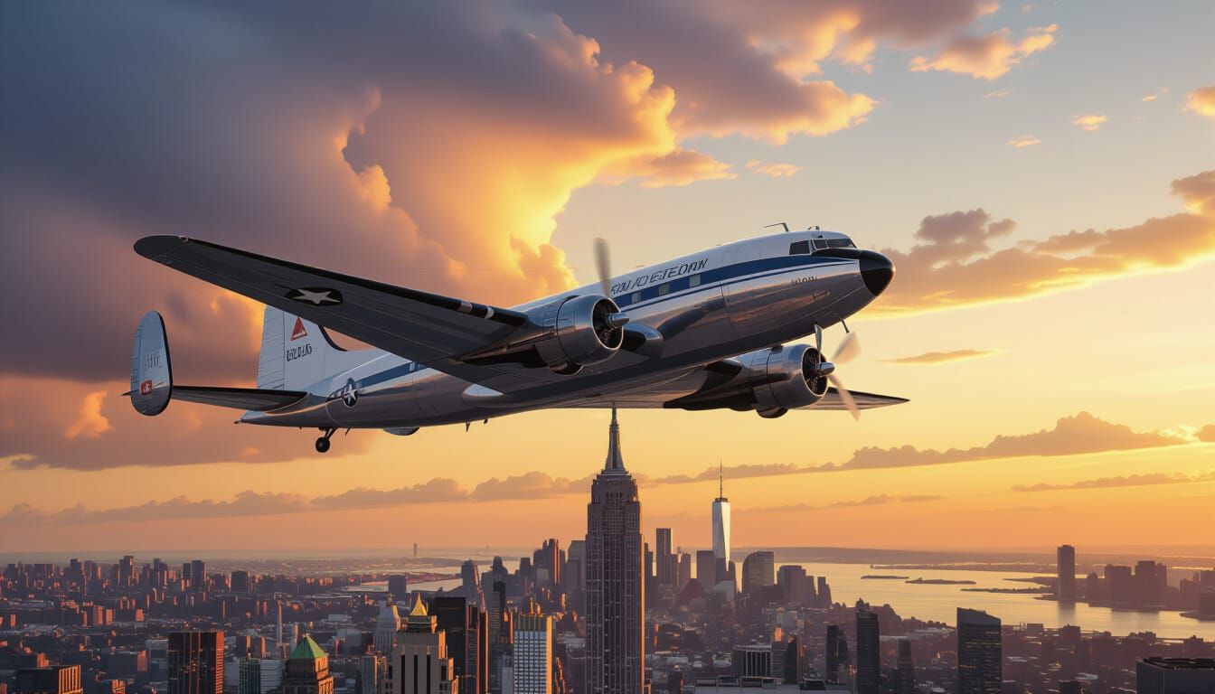 Lockheed Constellation Soars Over NYC Skyline At Golden Hour