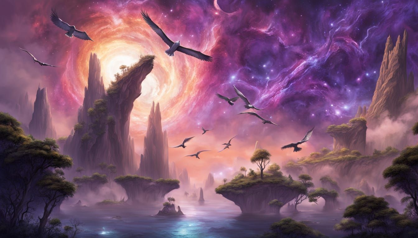 Floating Islands with Prehistoric Birds in Nebula