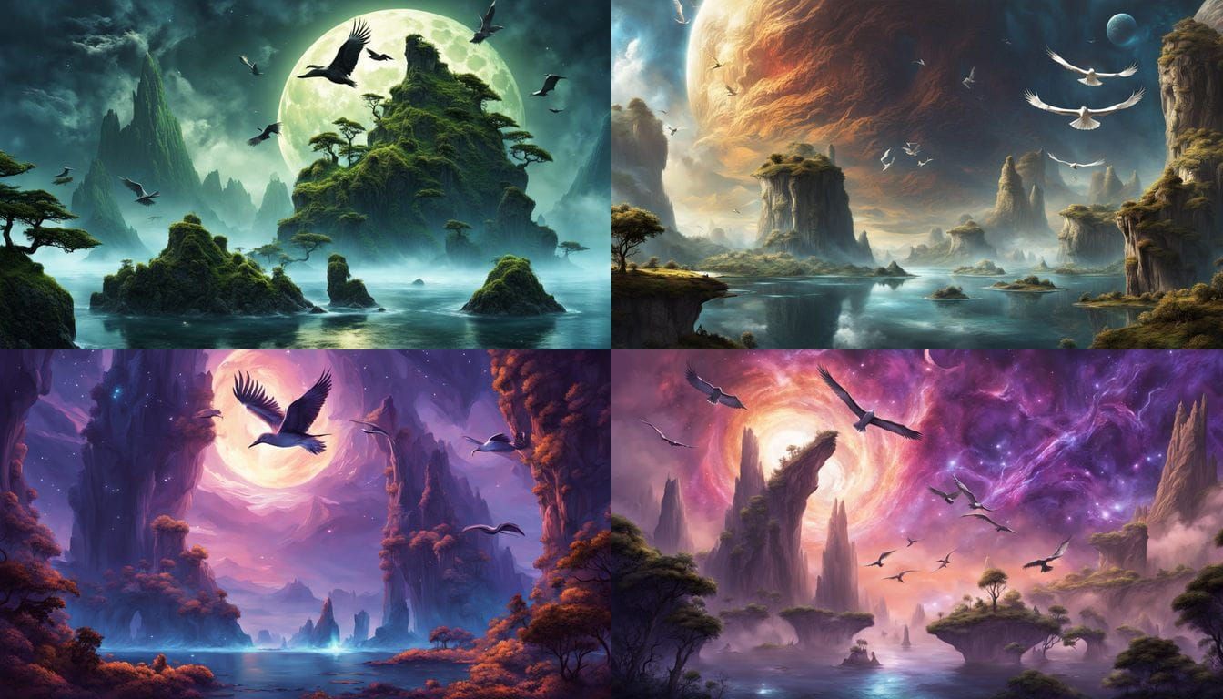 Fantasy Islands in Space with Prehistoric Birds