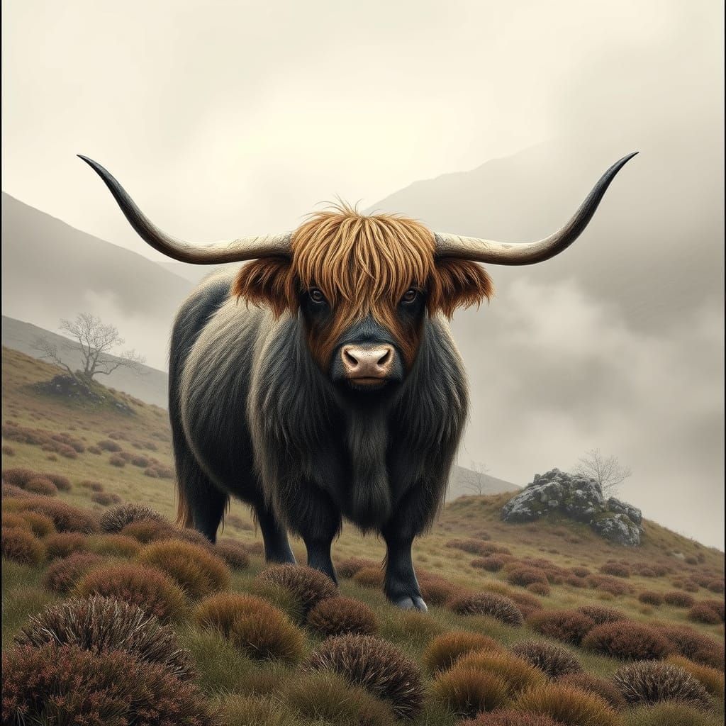 Majestic Highland Steer in Eerie Scottish Landscape