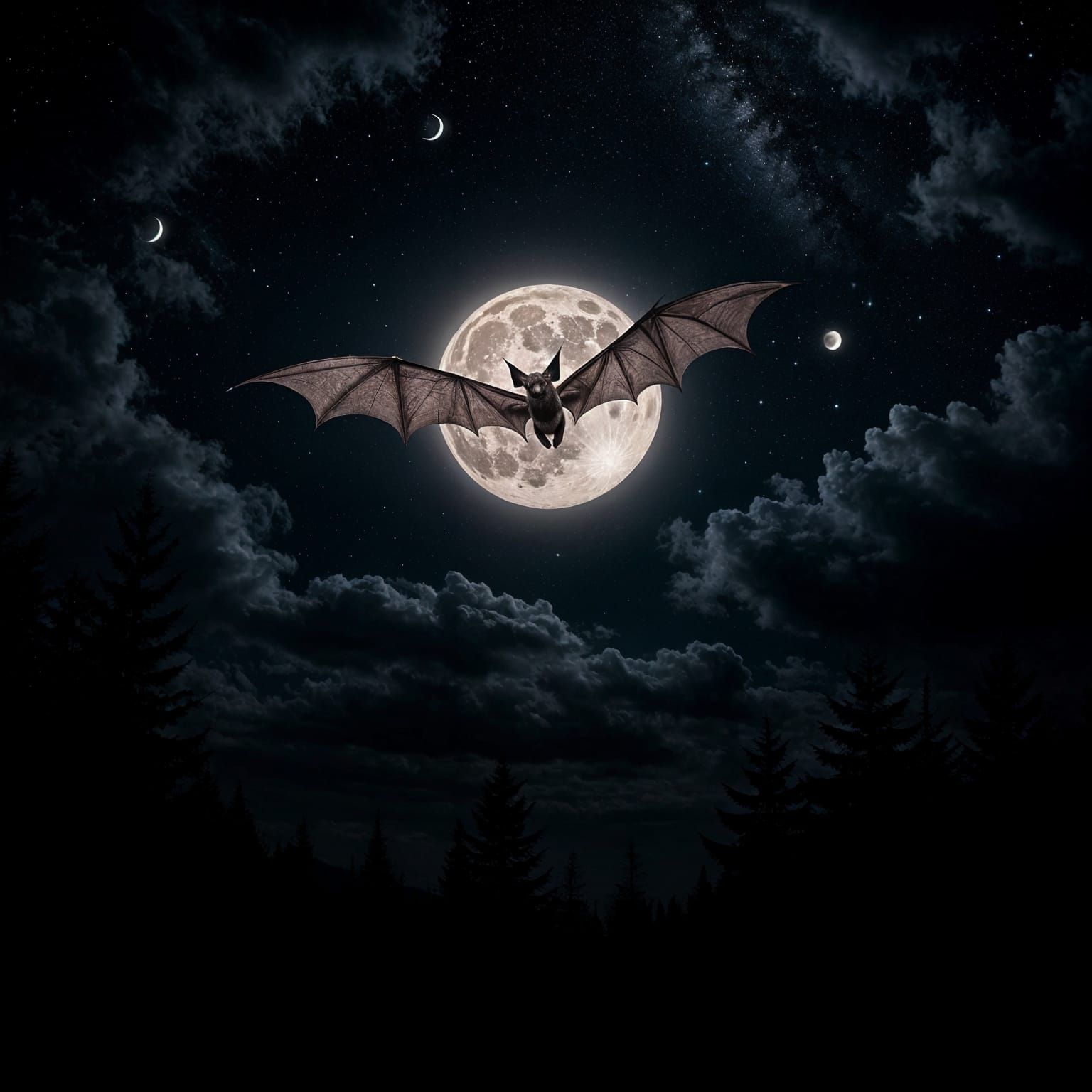 Enchanted Summer Night in Starry Skies with a Glittering Bat