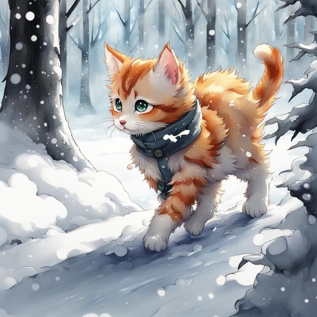 Kitten in Snowy Forest: Manga-Style Painting