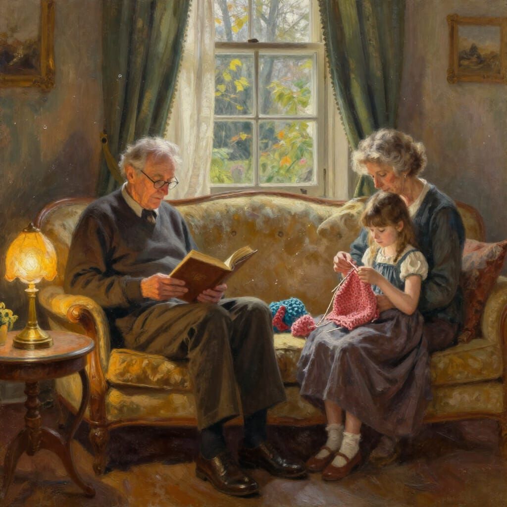 Cozy Parlor Scene: Family Reading and Crocheting in Soft Lig...