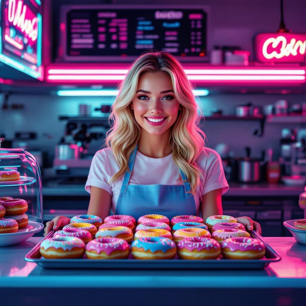 Neon Vaporwave Doughnut Shop with Smiling Barista