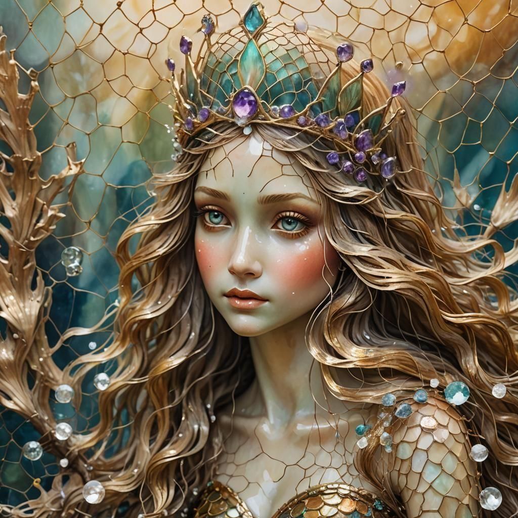 Crystalline Mermaid Trapped in Net: Mixed Media Art