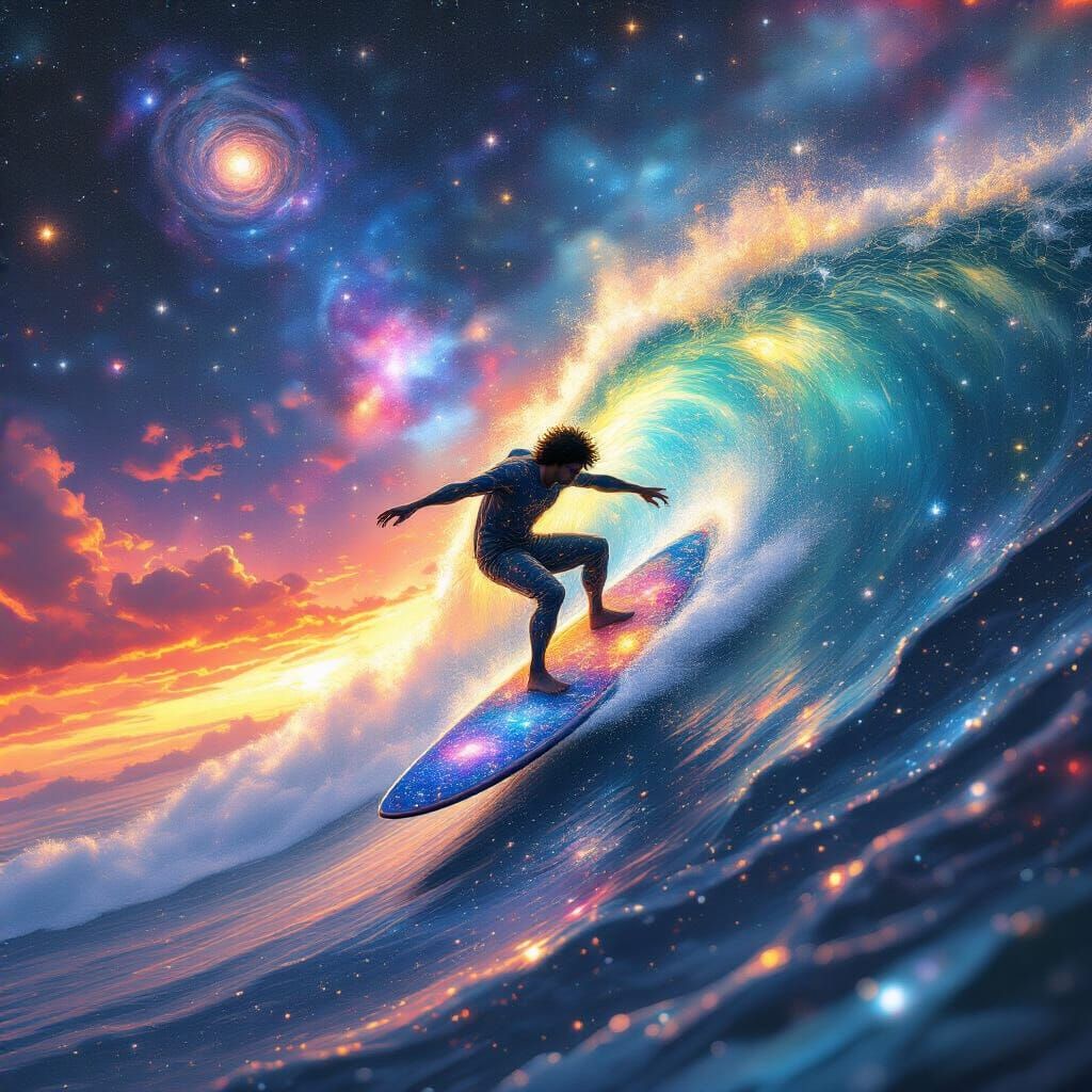 Cosmic Surfer Rides Stardust Wave in Hyperdetailed Digital A...