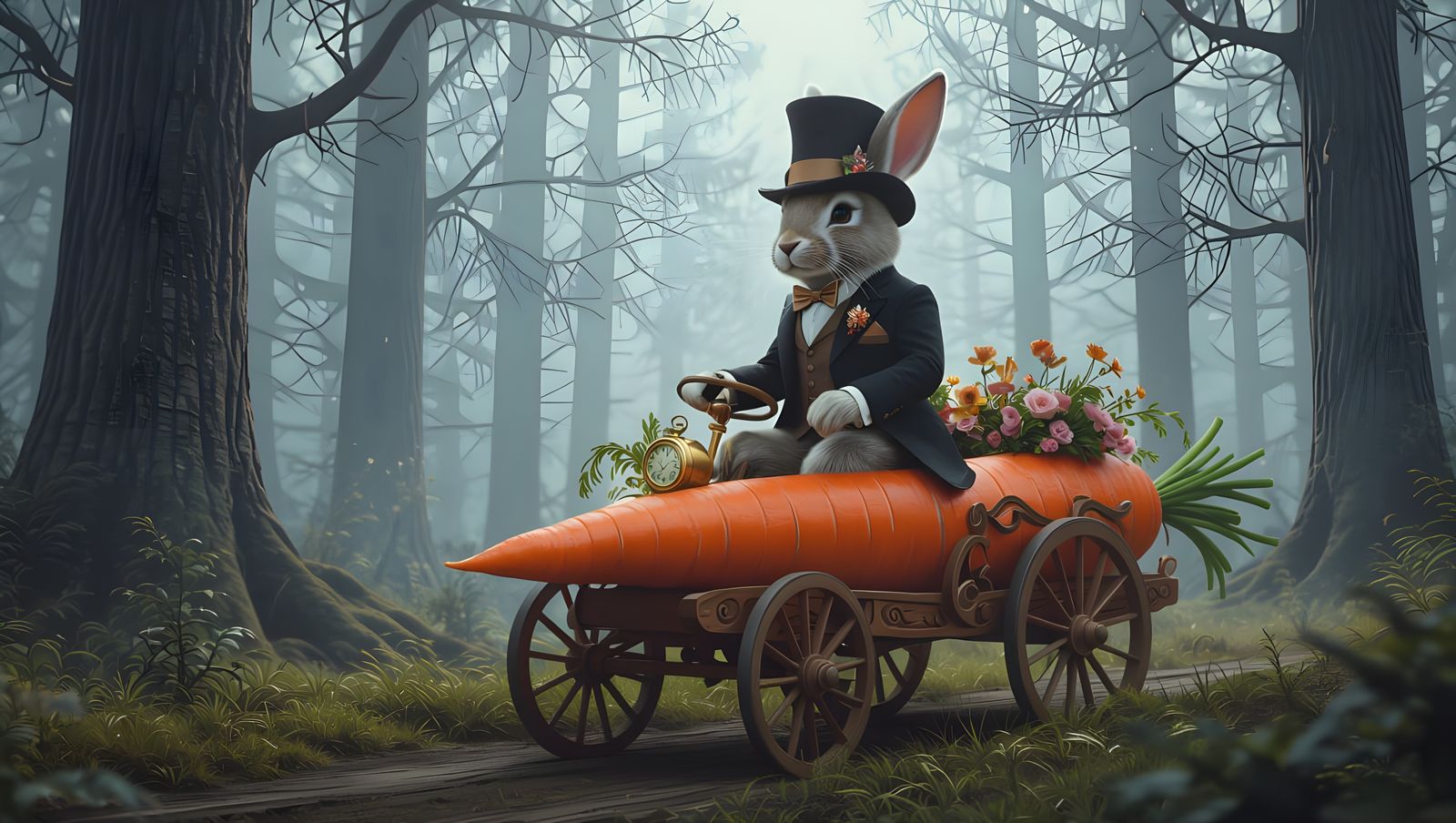Easter Bunny Rides a Carrot Wagon in Hyperrealistic Style