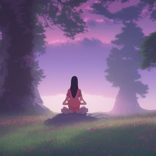 Woman Meditating in Forest: Studio Ghibli Style