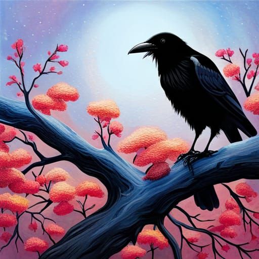 Raven on colorful tree