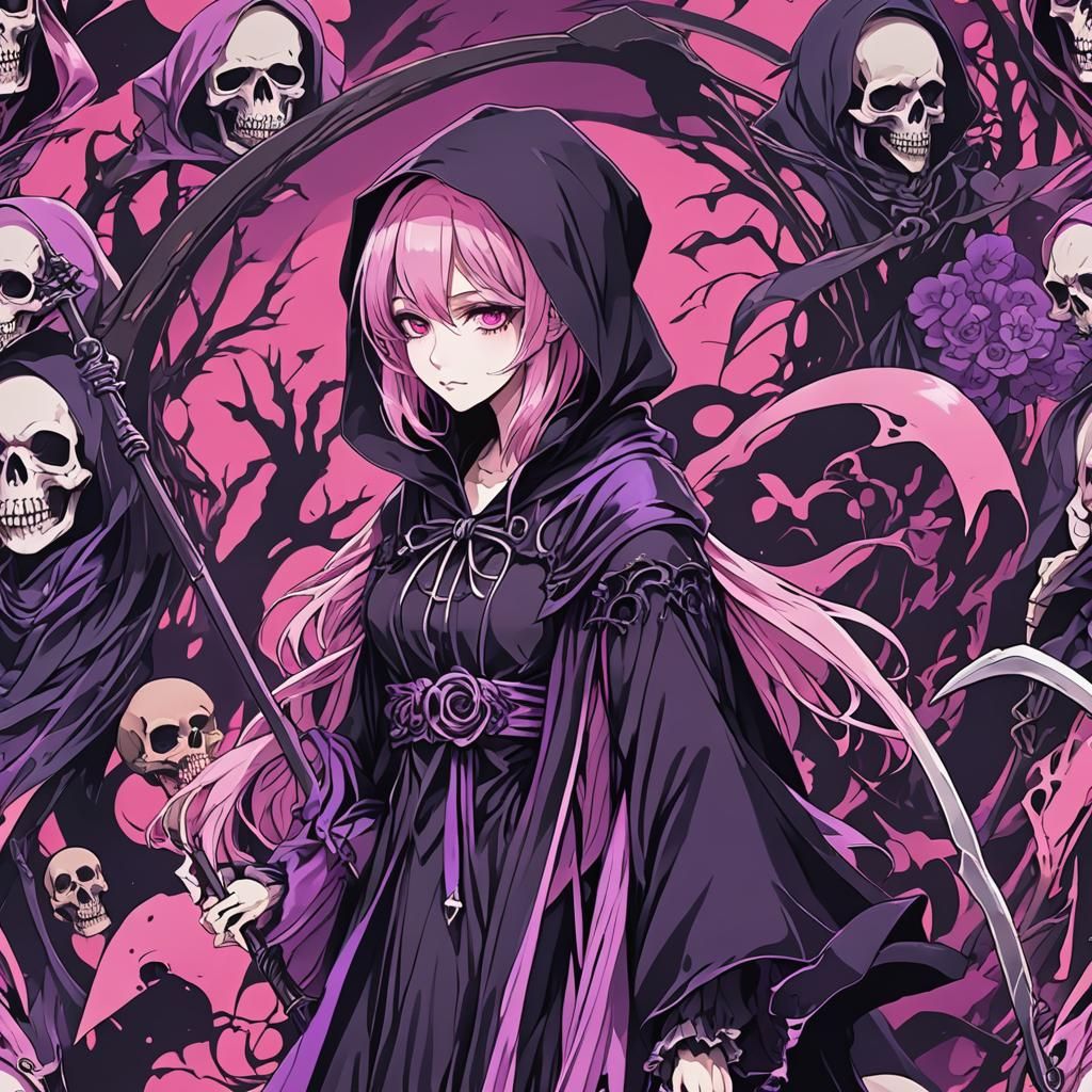 Anime Grim Reaper Girl in Pink and Purple