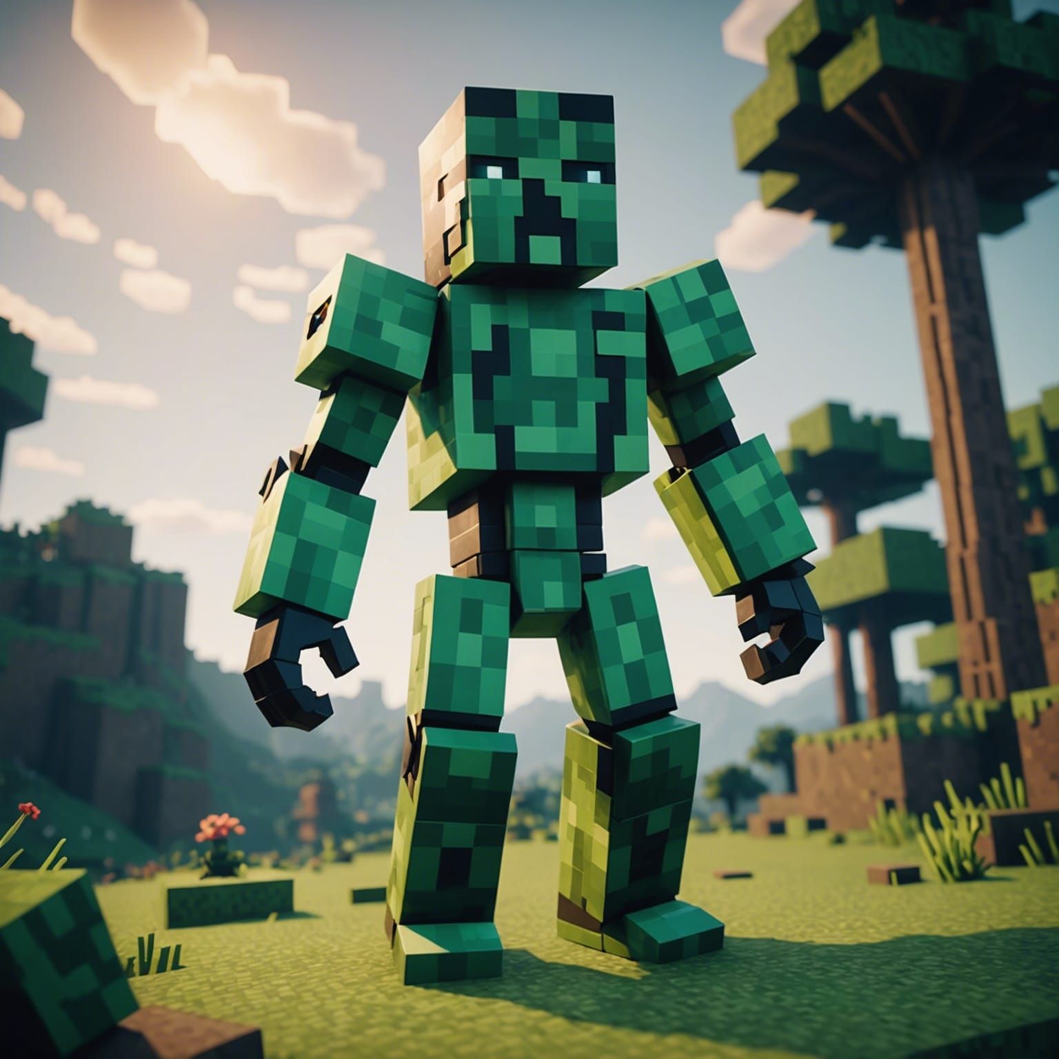 Dramatic Cinematic Still of Herobrine in Minecraft
