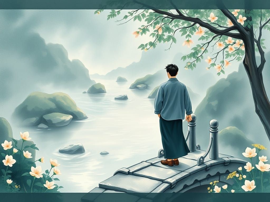 Dreamy Couple on Weathered Bridge, Surrounded by Lush Flower...